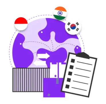 globe with indonesia, korea, and india flag